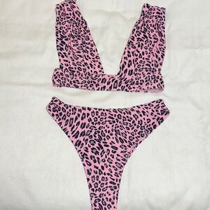 SHEIN pink leopard pleated top, high waisted bikini - Sz medium